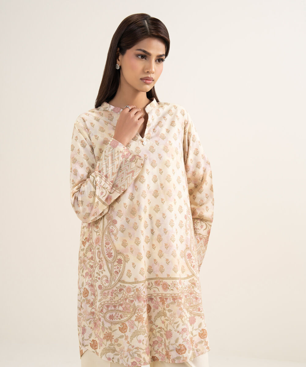 Women's RTW Cotton Viscose Printed Beige Straight Shirt