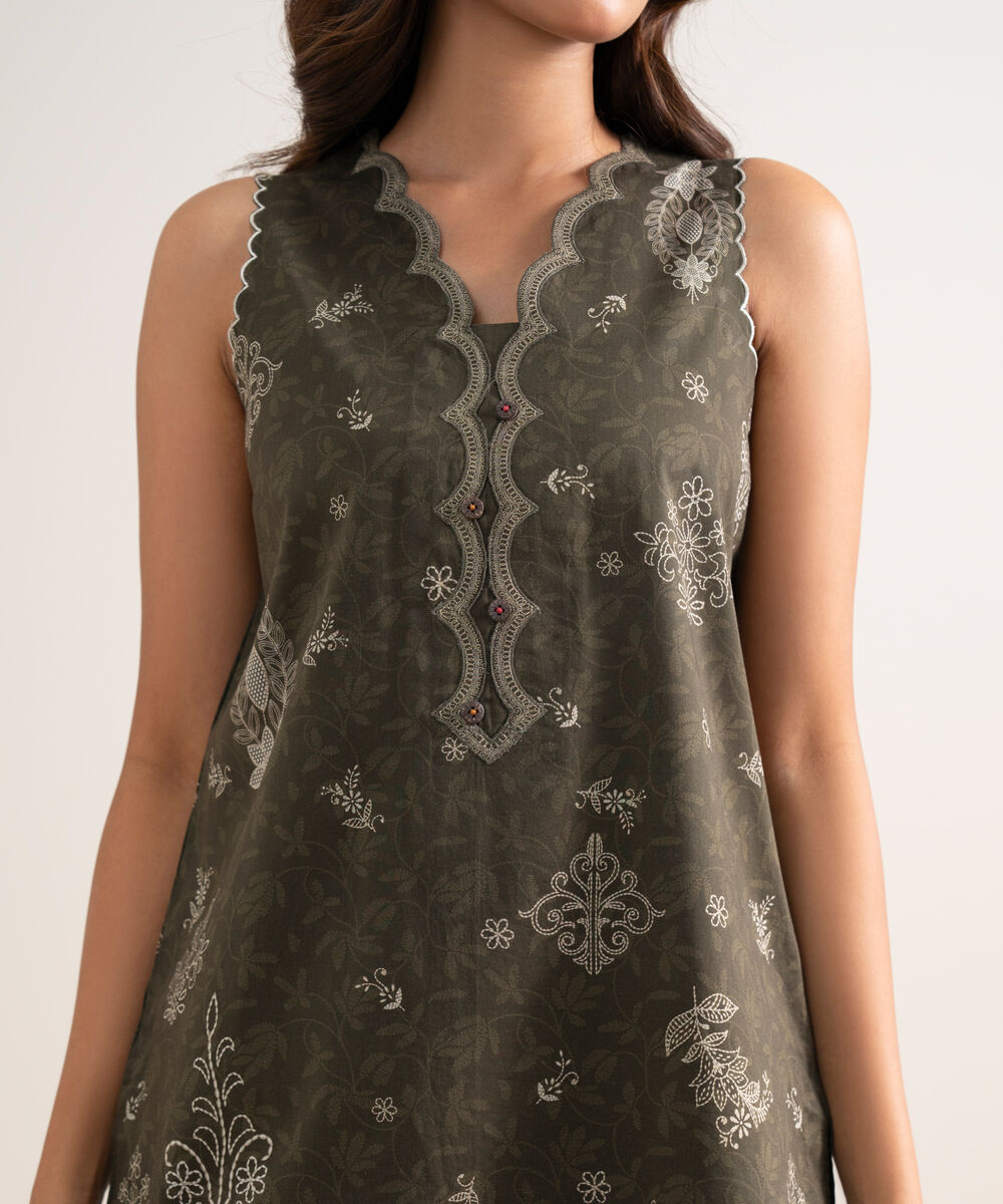 Women's Unstitched Printed Lawn Olive Green 3 Piece Suit
