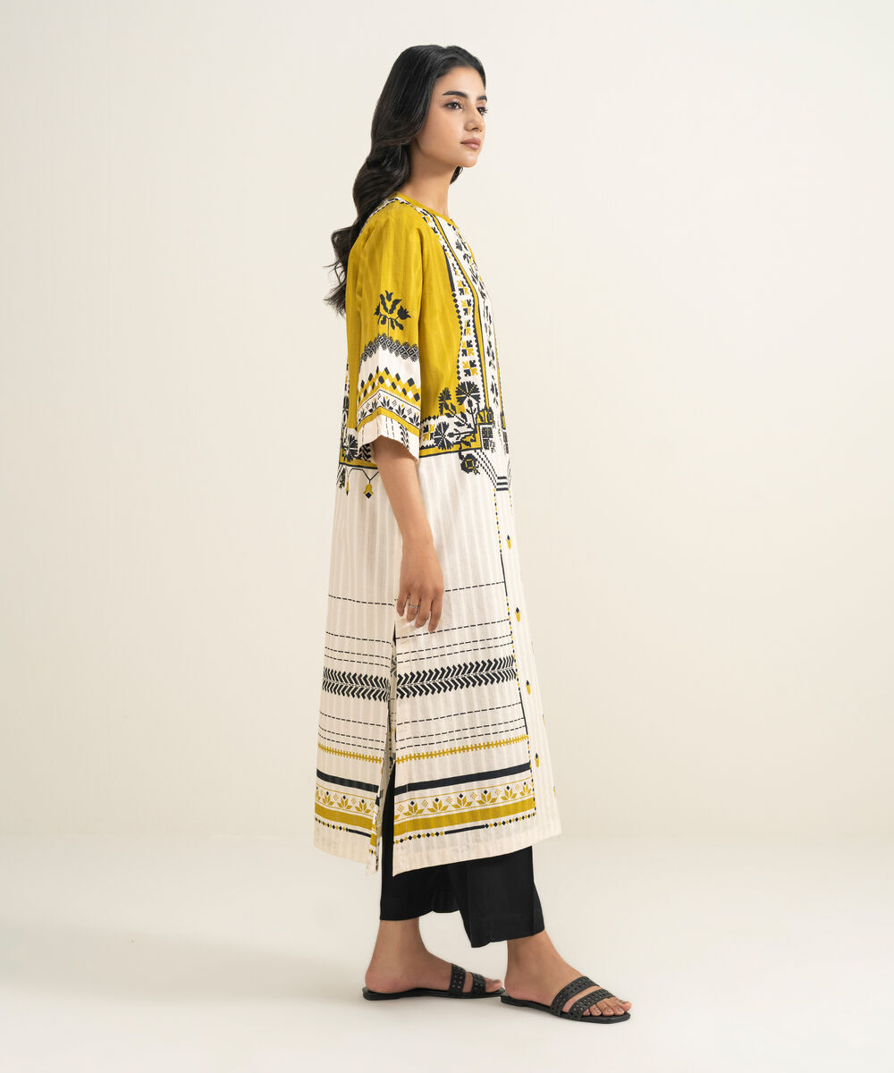 Women's RTW Textured Cotton Printed Mustard Yellow A-Line Shirt