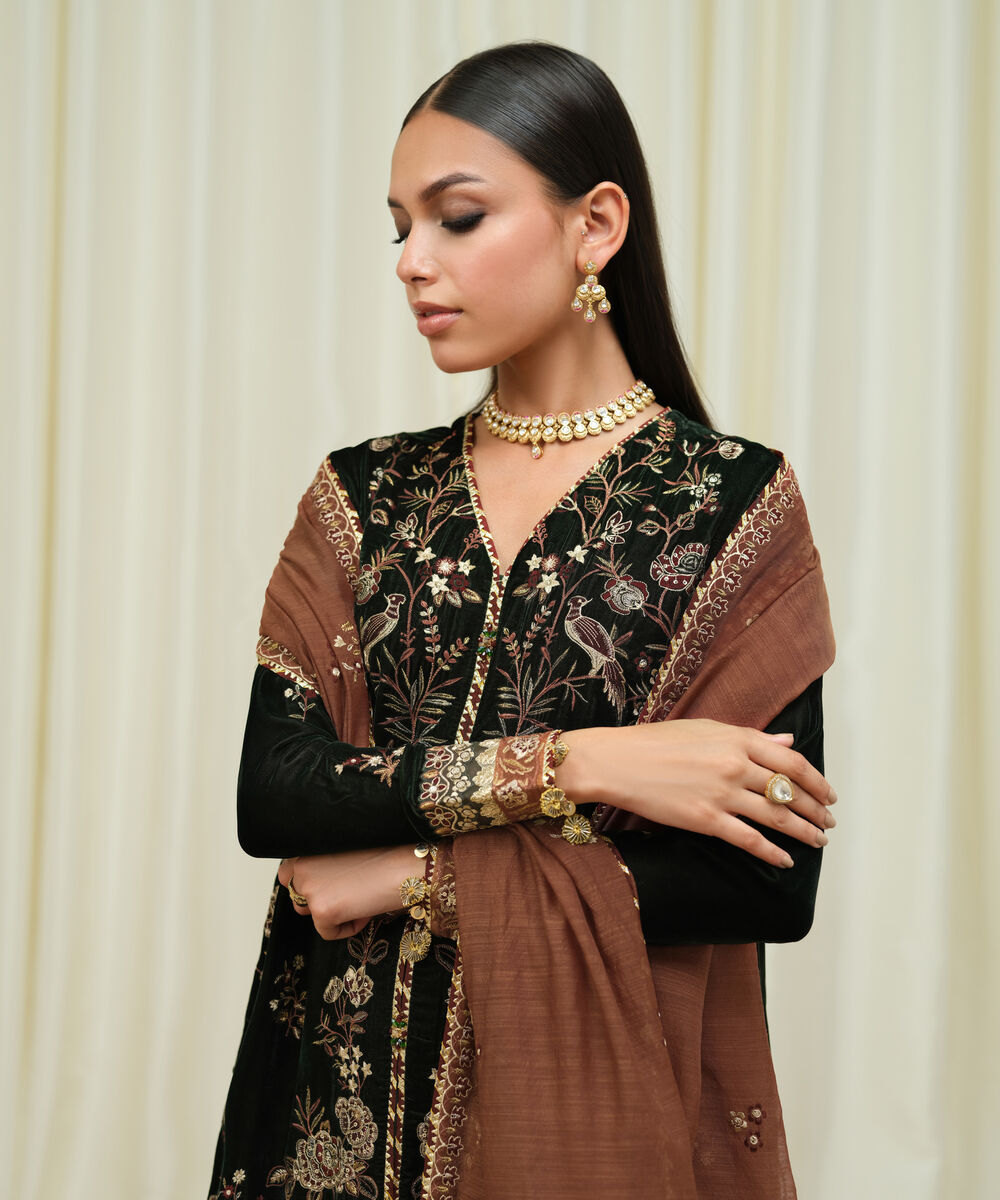 Women's Unstitched Velvet Embroidered Green 3 Piece Suit