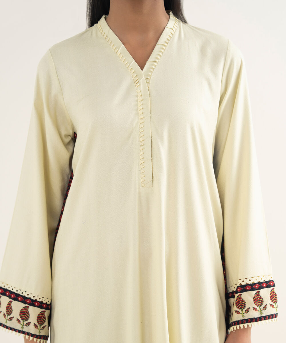 Women's RTW Textured Viscose Solid Off White A-Line Shirt