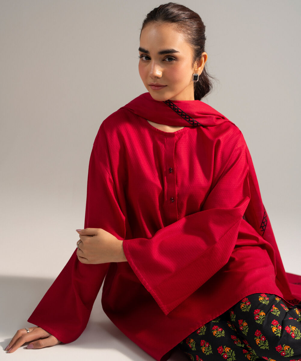 Women's RTW Dobby Solid Red 3 Piece Suit