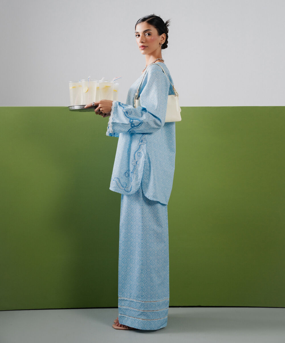 Women's RTW Dobby Embroidered Blue Straight Shirt