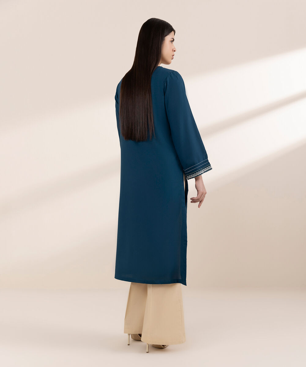 Women's RTW Arabic Lawn Blue Embroidered A-Line Shirt