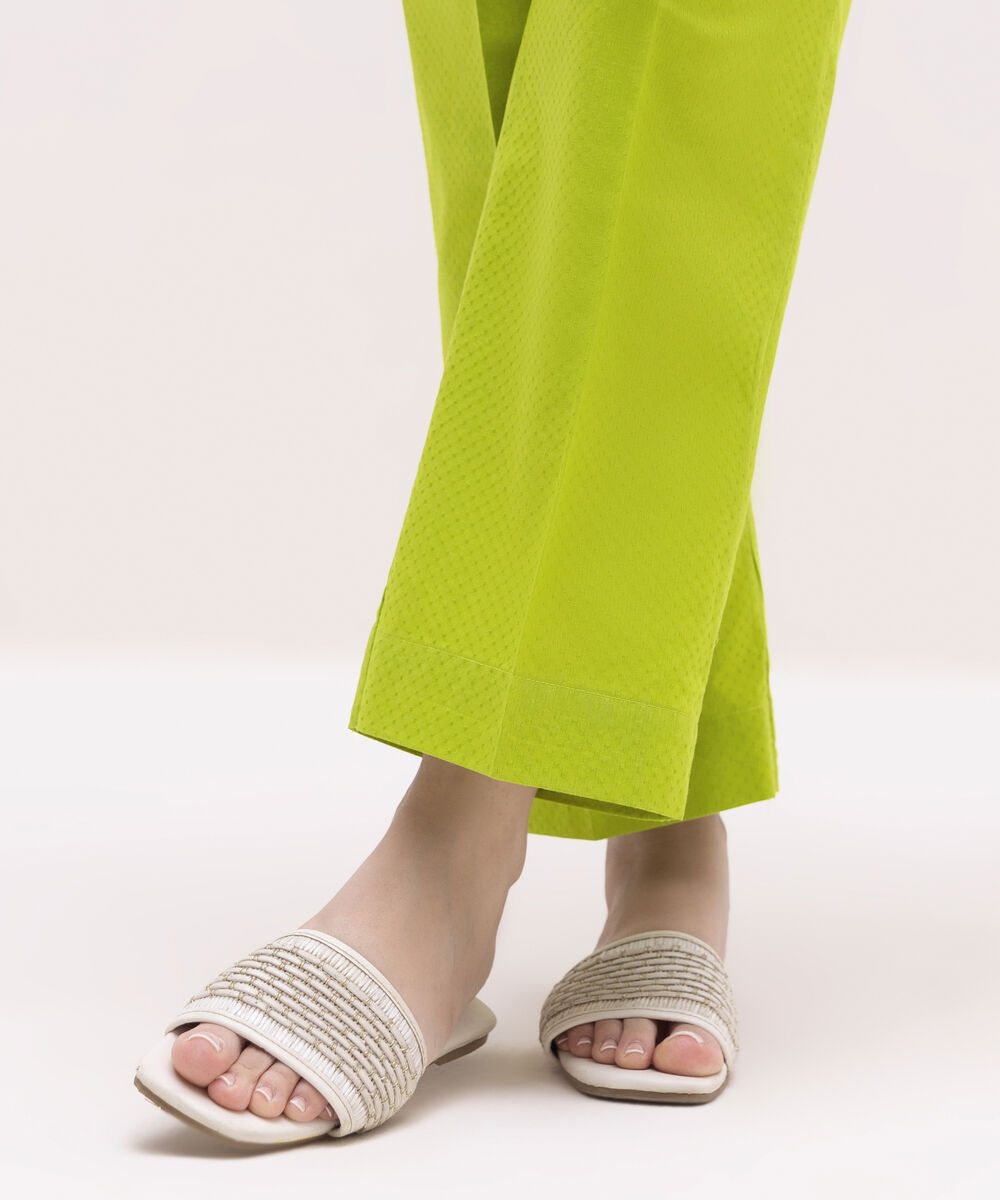 Women's RTW Textured Lawn Green Solid Straight Pants