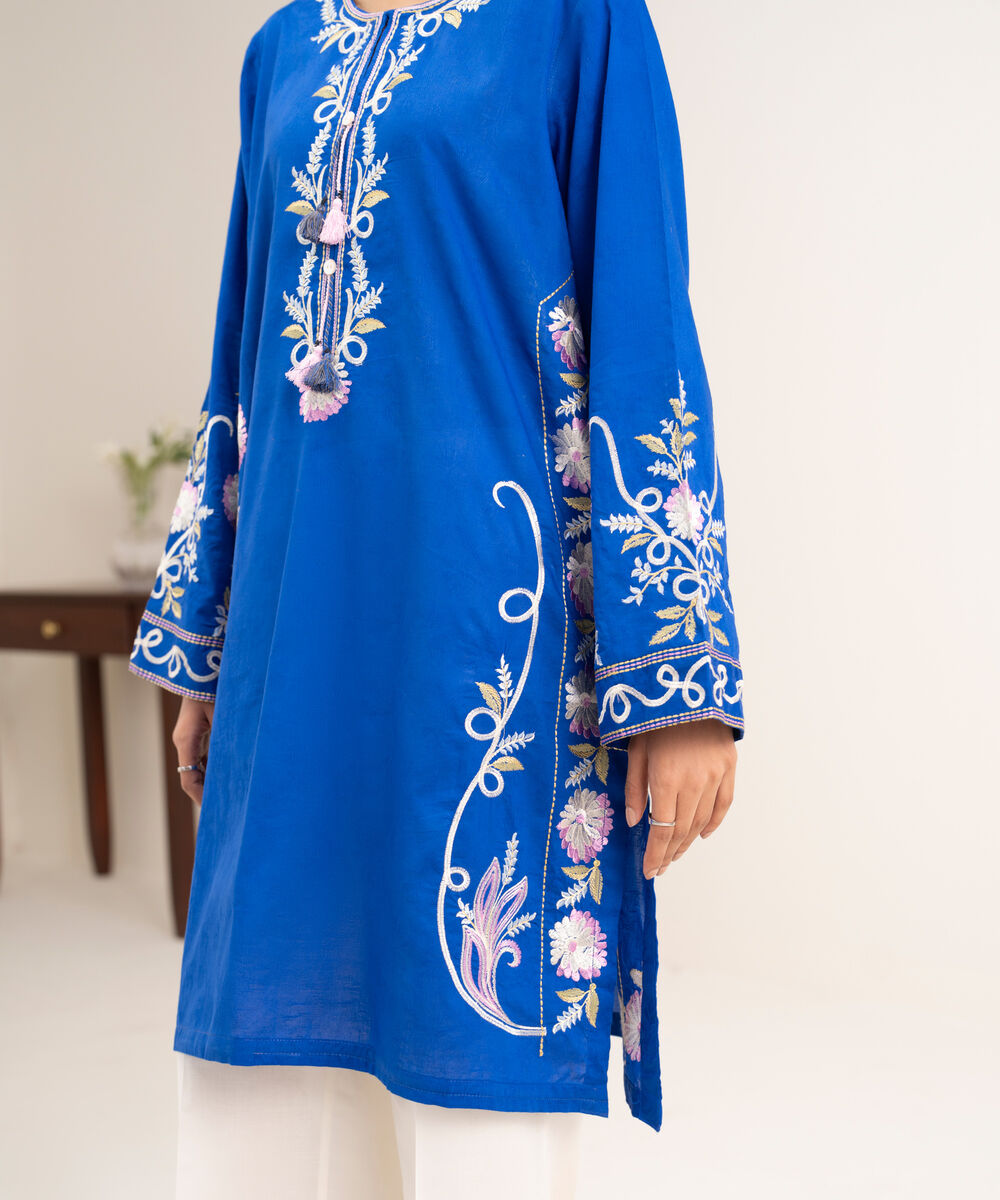 Women's RTW Self Jacquard Embroidered Blue Straight Shirt