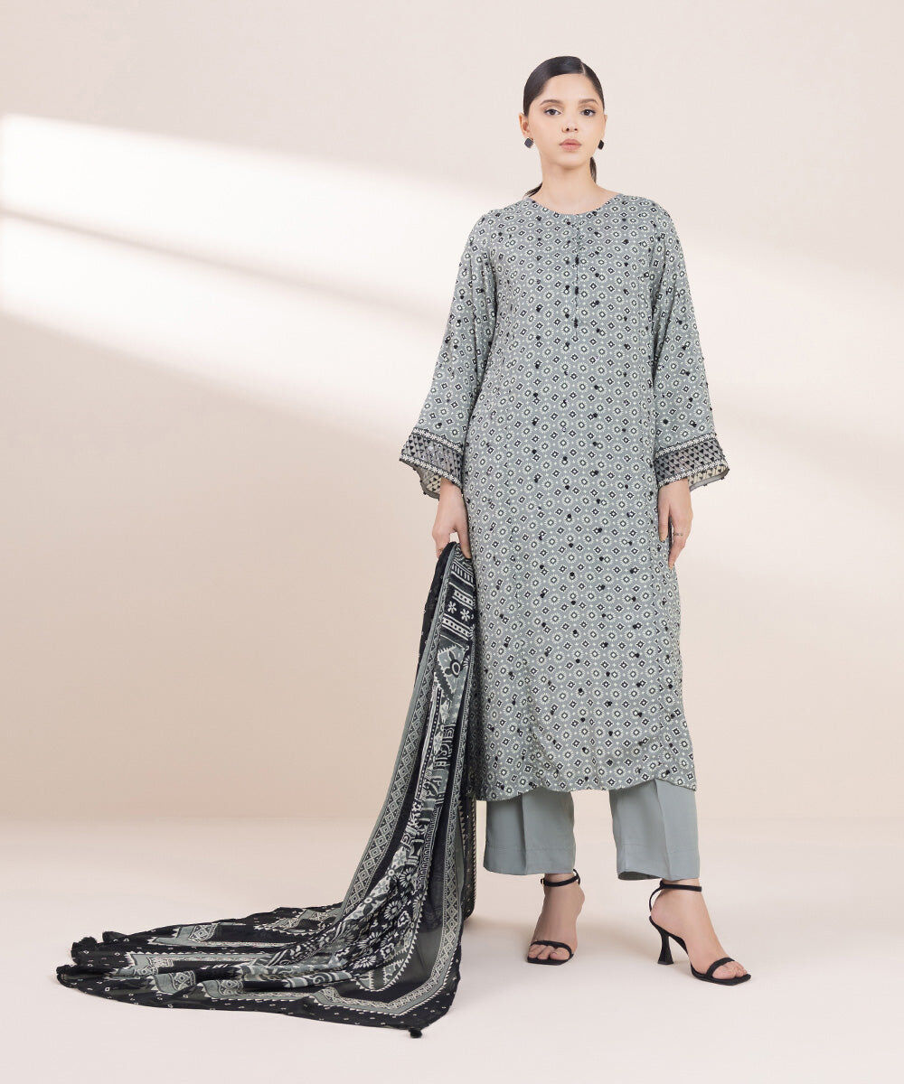 Women's Pret Viscose Raw Silk Grey Embroidered A-Line Shirt