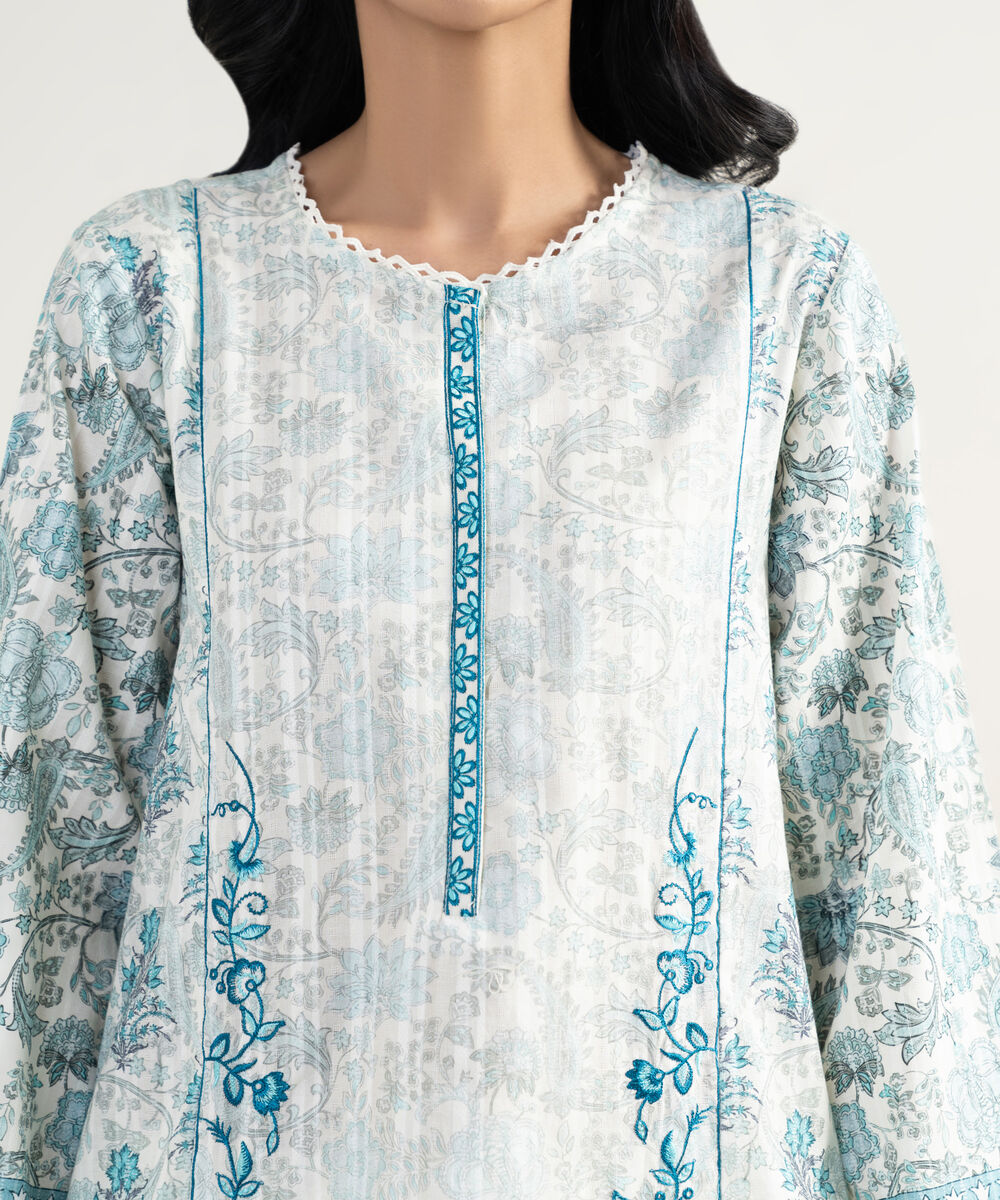 Women's RTW Cotton Embroidered Blue 3 Piece Suit