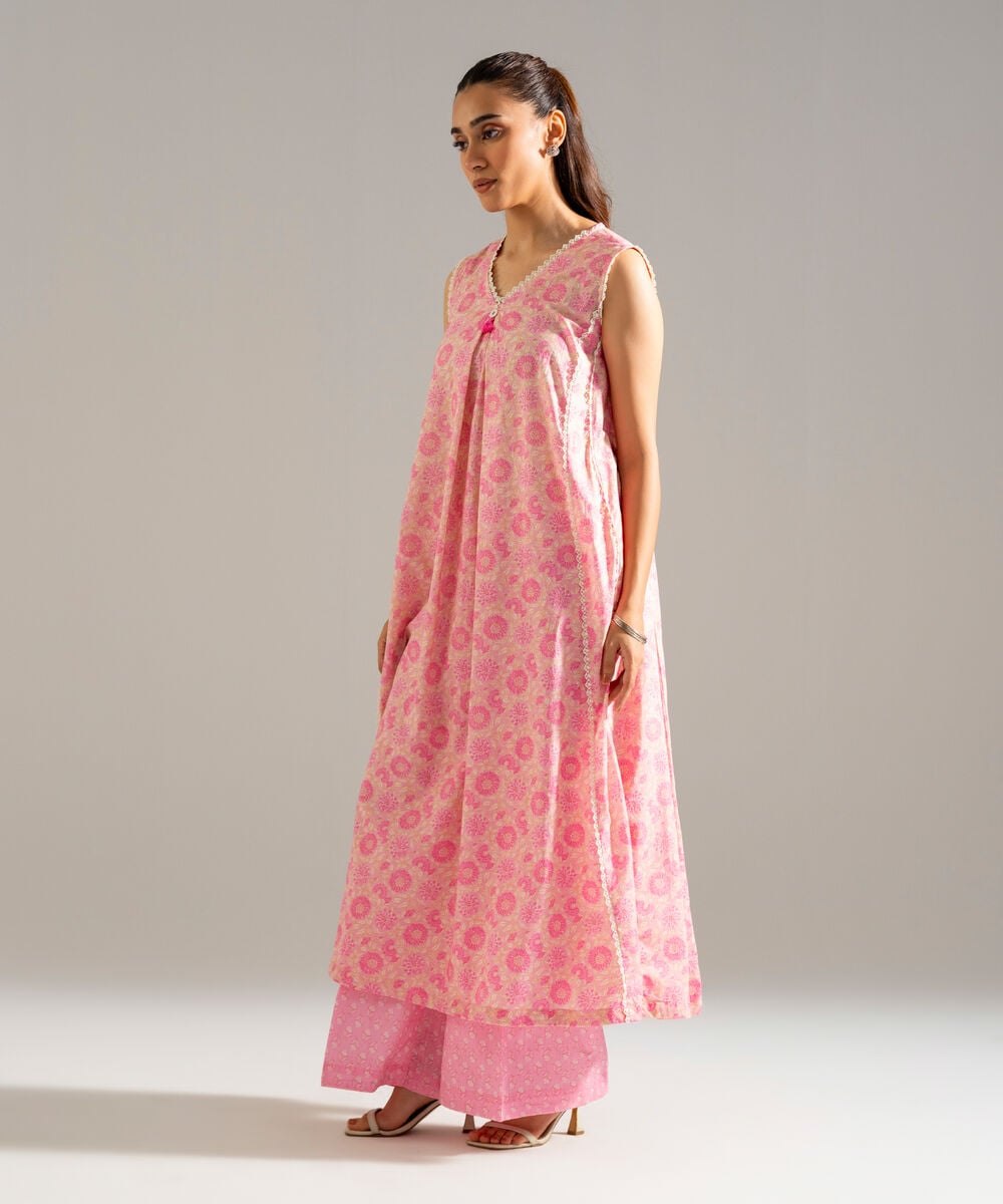 Women's RTW Slub Lawn Printed Pink A-Line Shirt
