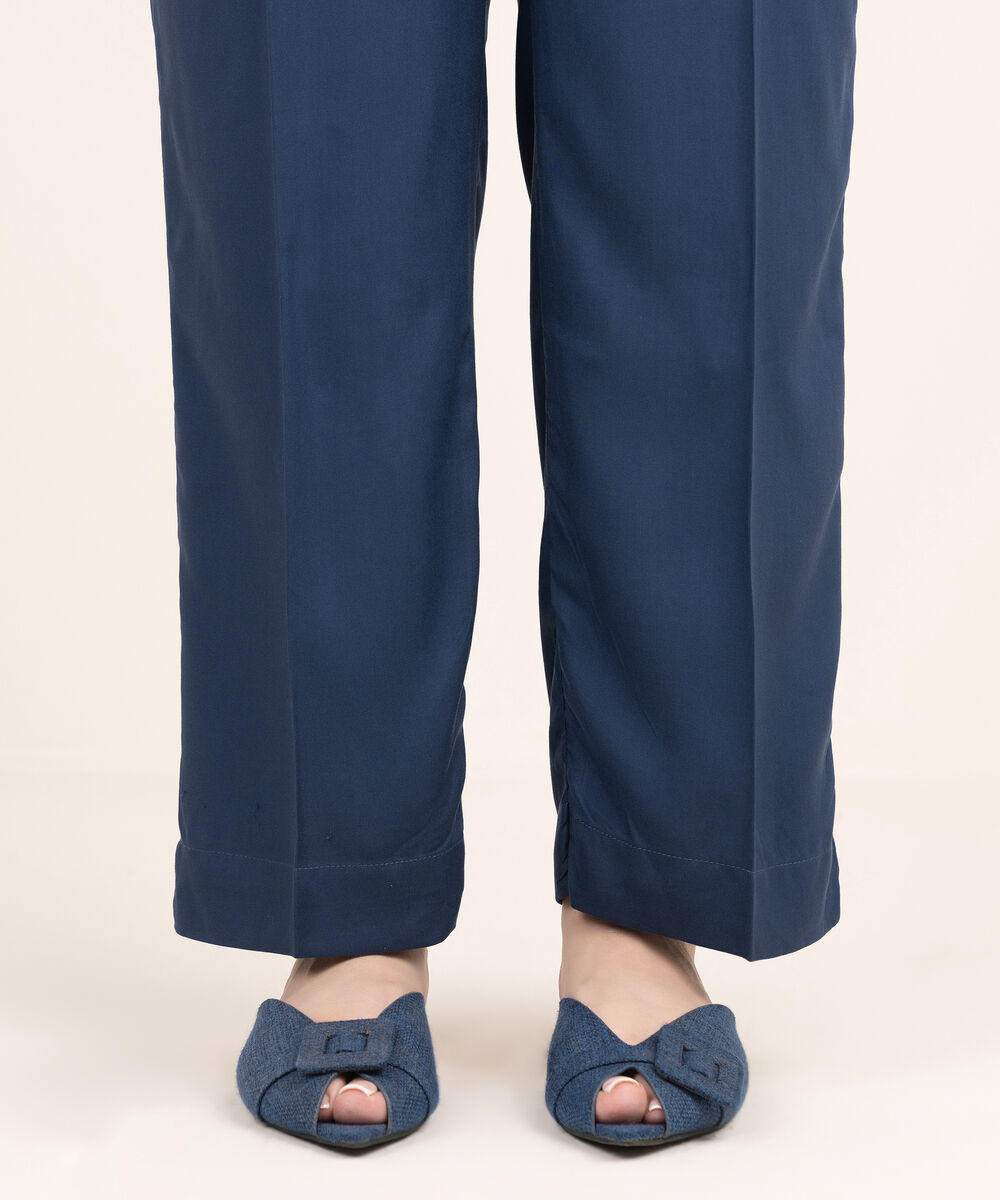 Women's RTW Viscose Linen Solid Blue Straight Pants