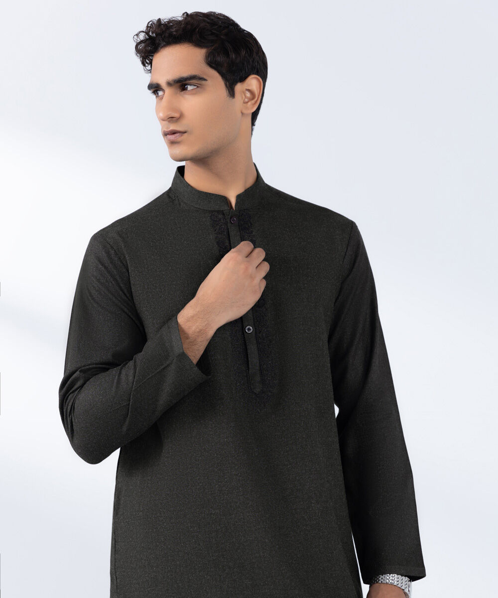 Men's Stitched  Embroidered Olive Wash & Wear Kurta