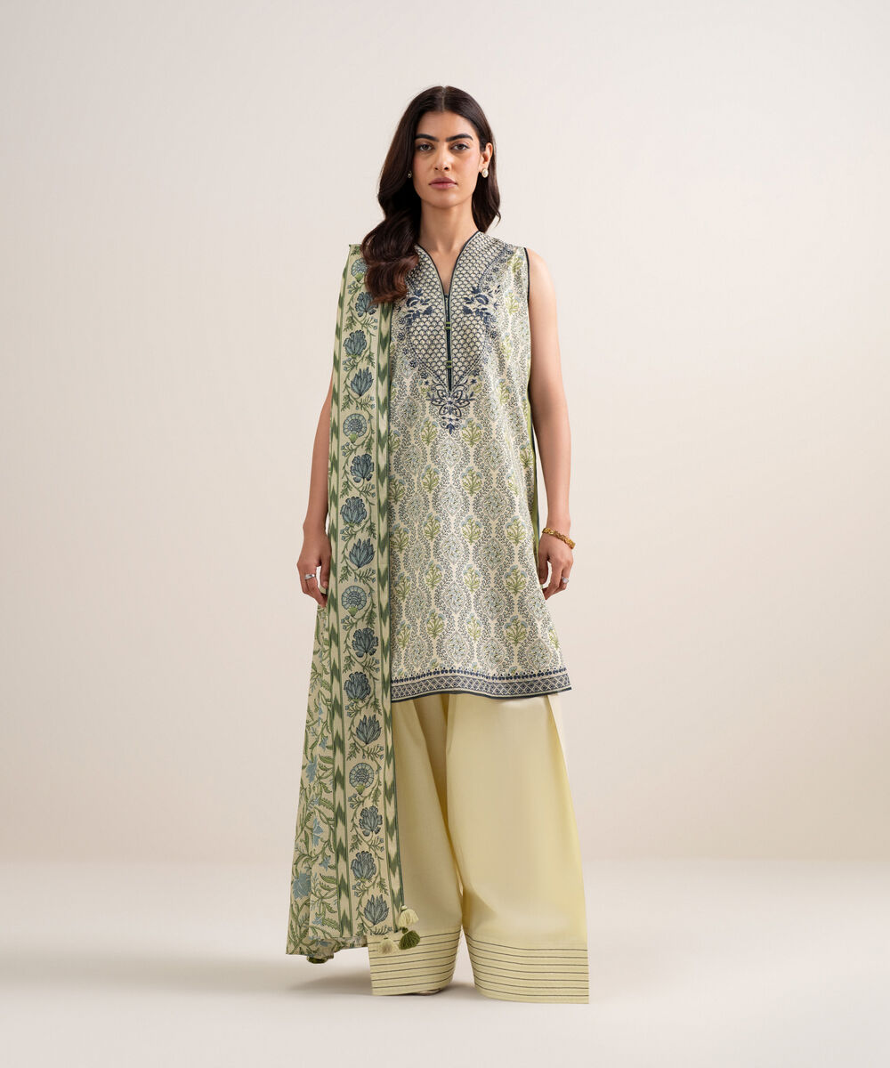 Women's Unstitched Lawn Embroidered Off White With Multi 3 Piece Suit