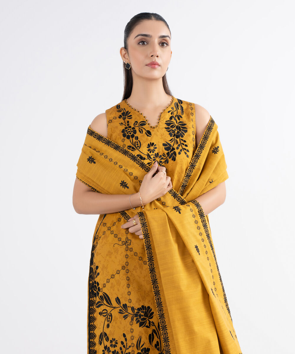 Women's Unstitched Cotton Jacquard Embroidered Yellow 3 Piece Suit