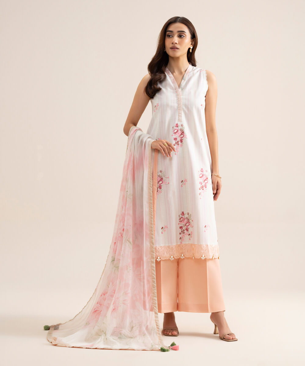 Women's Unstitched Lawn Embroidered Off White  3 Piece Suit