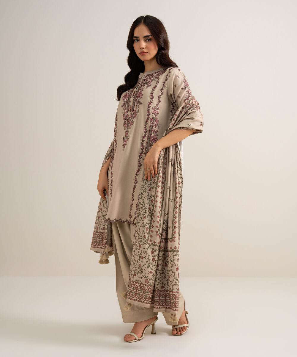 Women's Unstitched Embroidered Linen Beige 3 Piece Suit