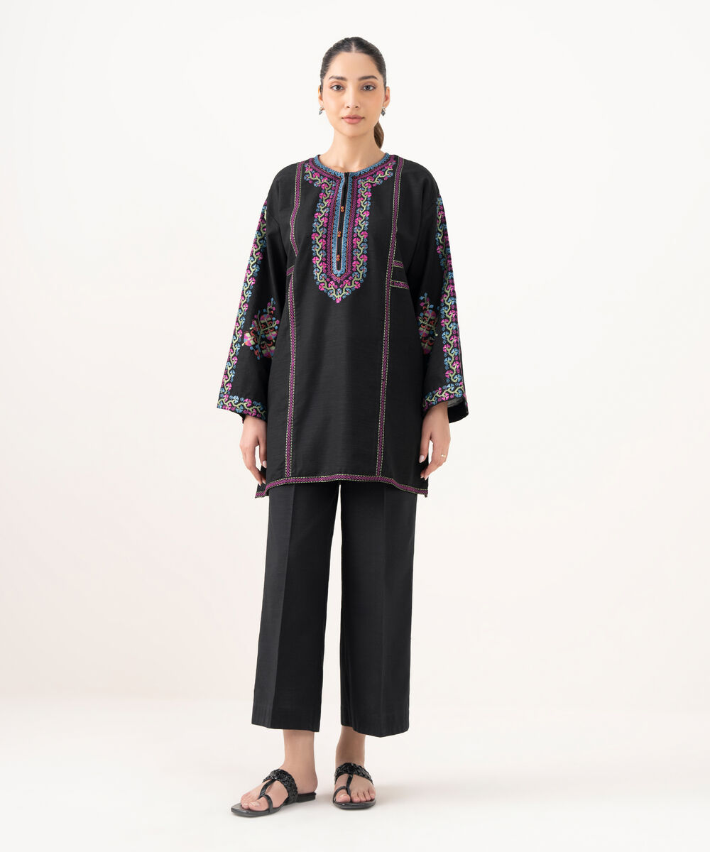 Women's RTW Light Khaddar Embroidered Black Drop Shoulder Shirt