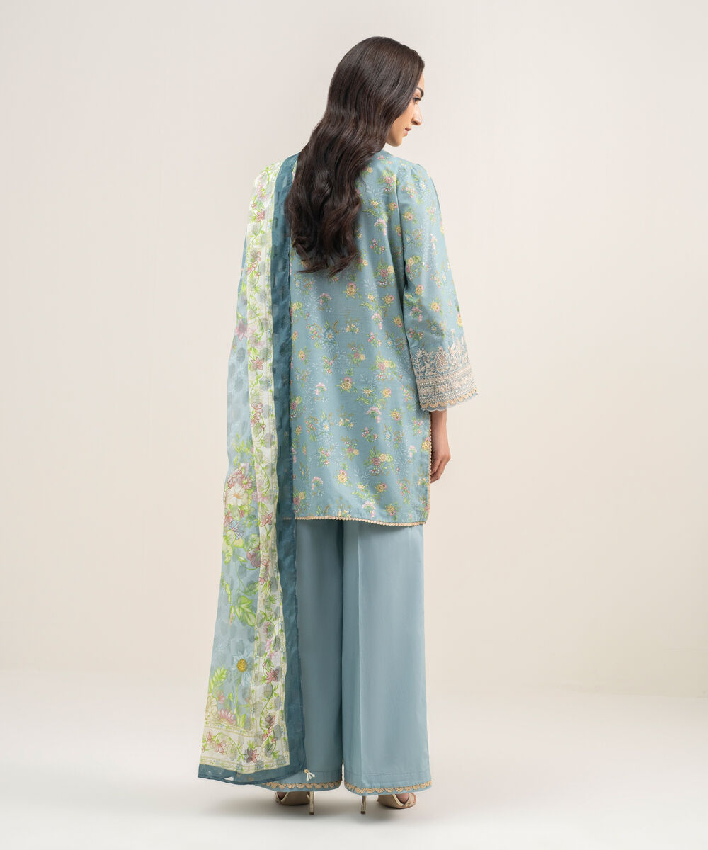 Women's RTW Zari Lawn Embroidered Blue 3 Piece Suit