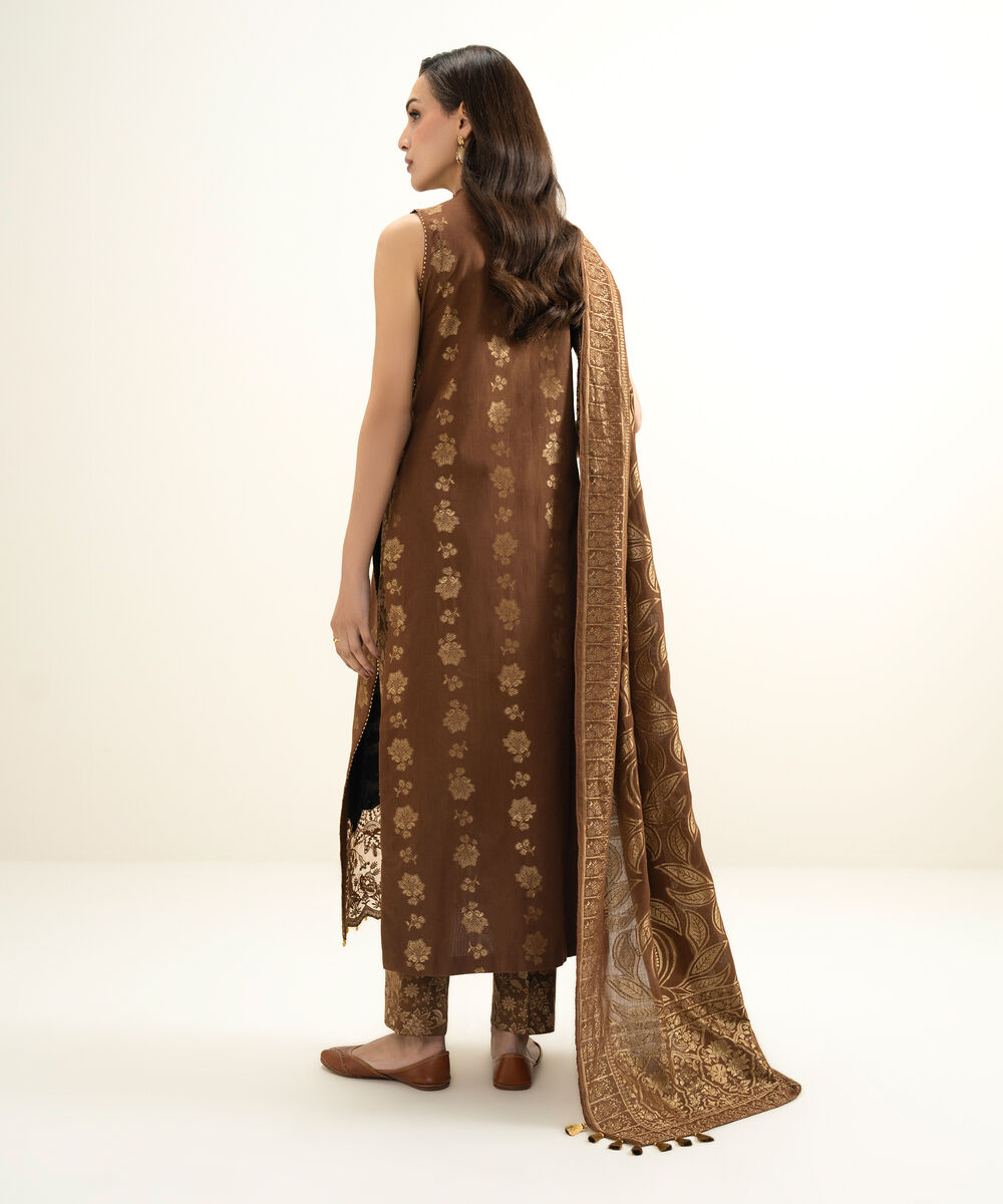 Women's Unstitched Extra Weft Jacquard Embroidered Brown 3 Piece Suit