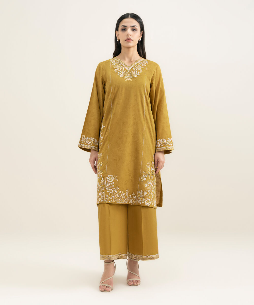Women's RTW Self Jacquard Embroidered Mustard Yellow A-Line Shirt