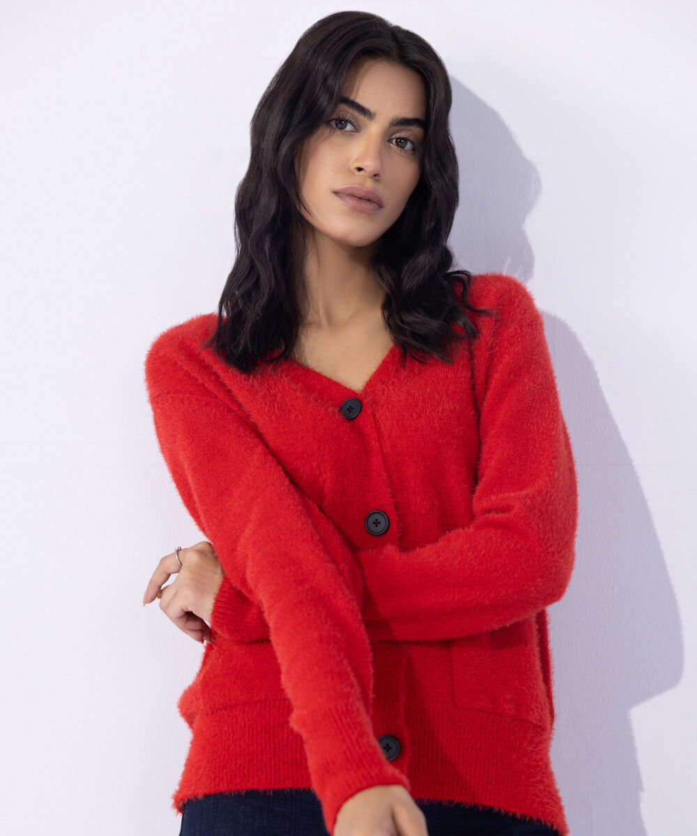 Woman - Red Soft Touch Knit Cardigan