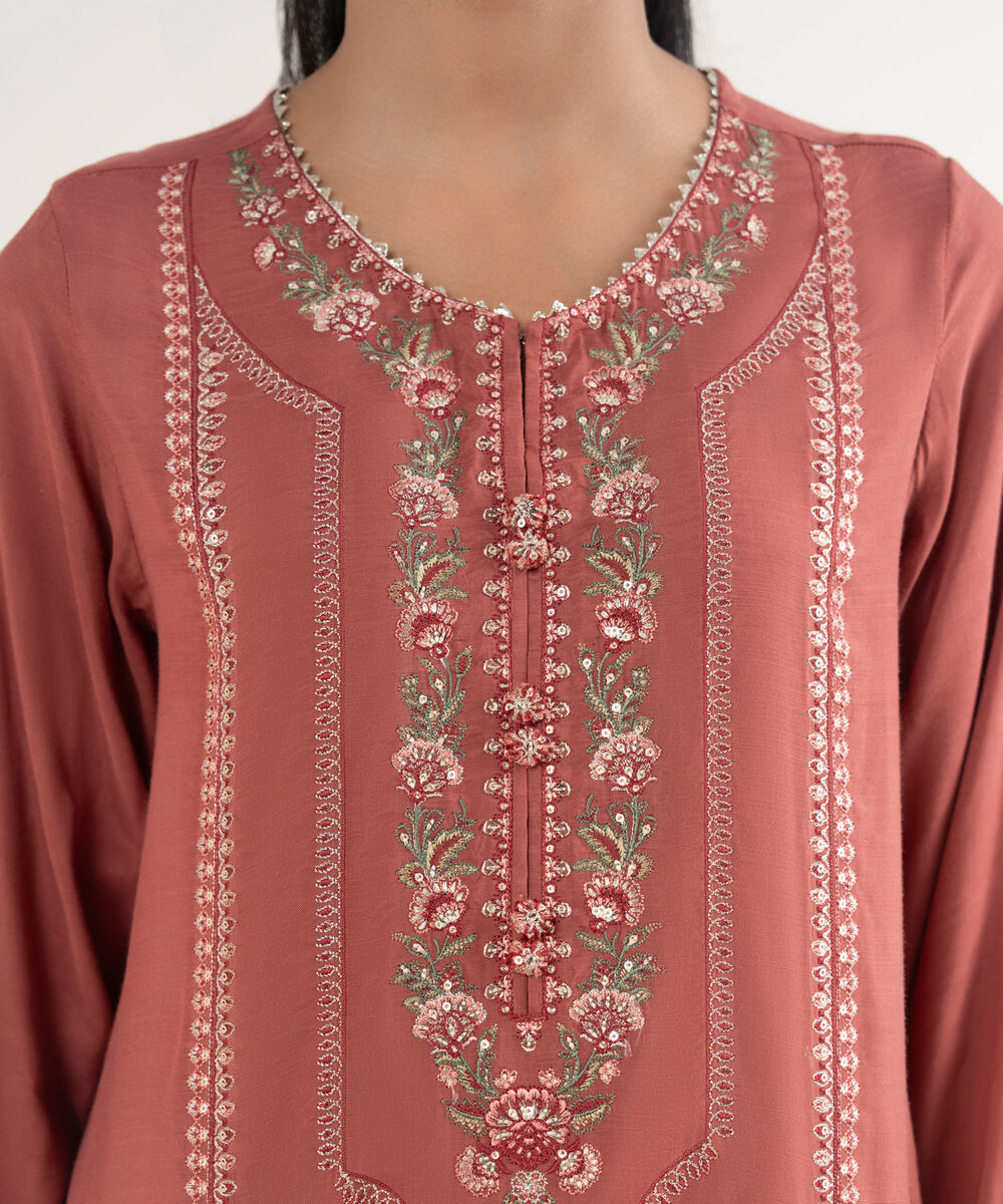 Women's RTW Viscose Raw Silk Pink Embroidered A-Line Shirt