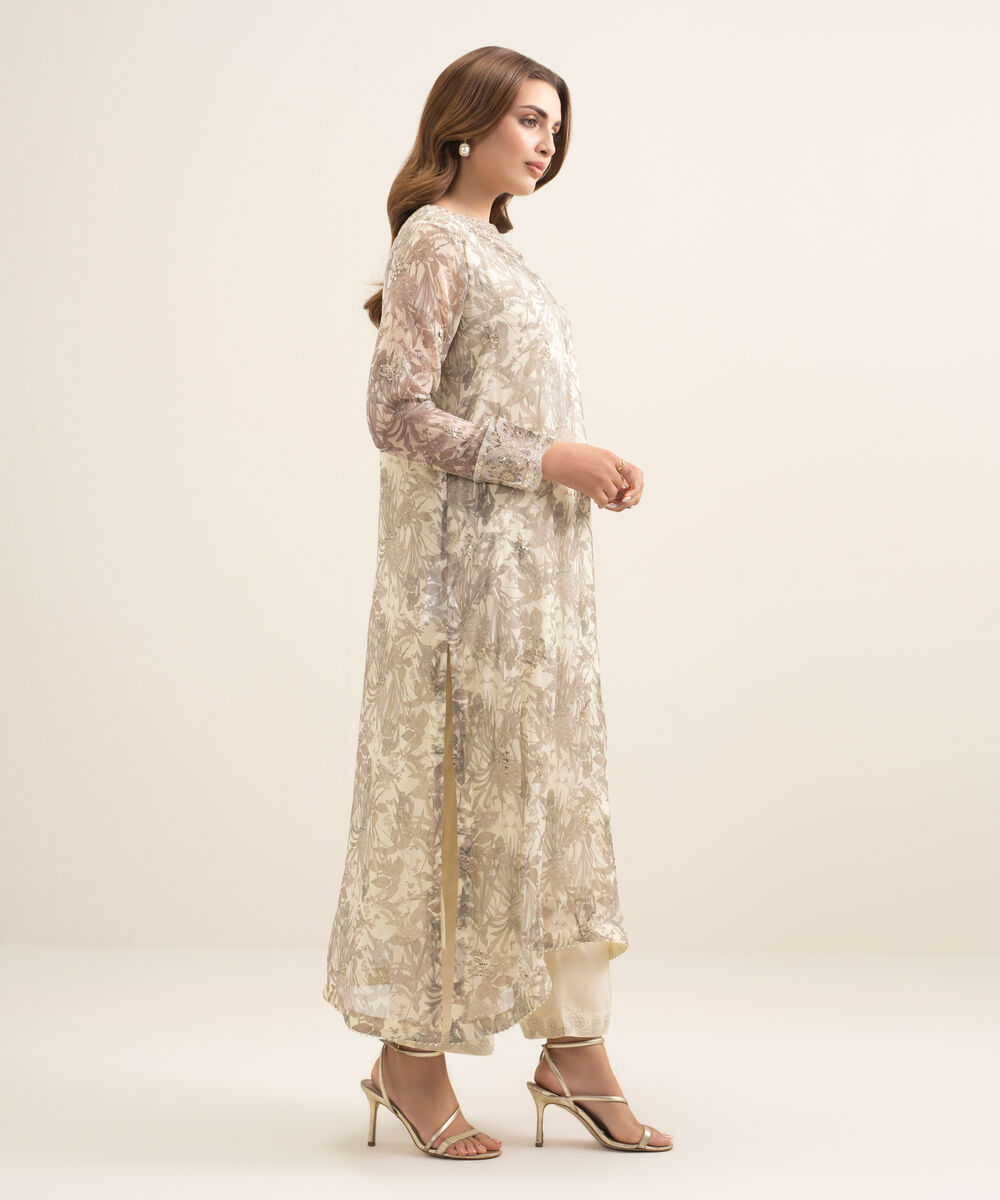 Women's RTW Blended Chiffon Embroidered Off White 2 Piece Suit