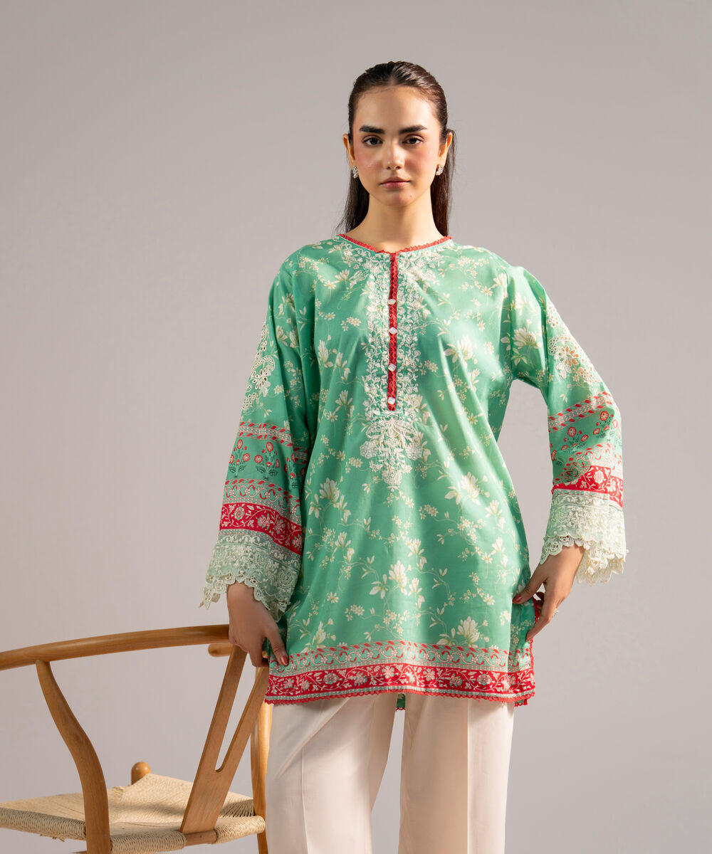 Women's RTW Lawn Embroidered Turquoise Straight Shirt