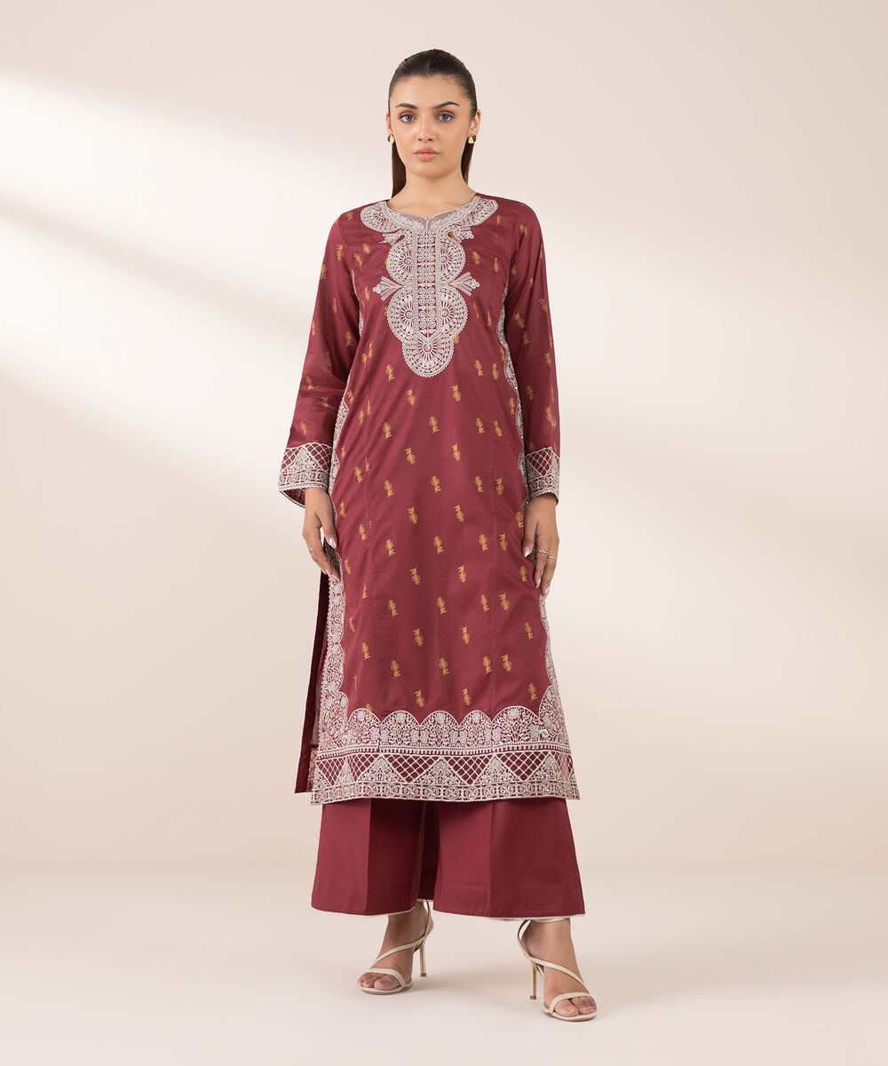 Women's RTW Lawn Red Embroidered A-Line Shirt