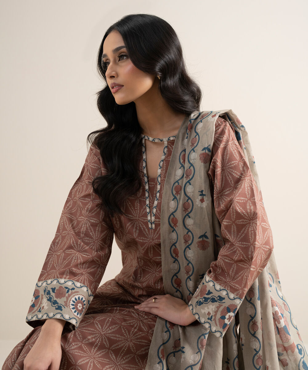 Women's Unstitched Lawn Printed Brown 3 Piece Suit