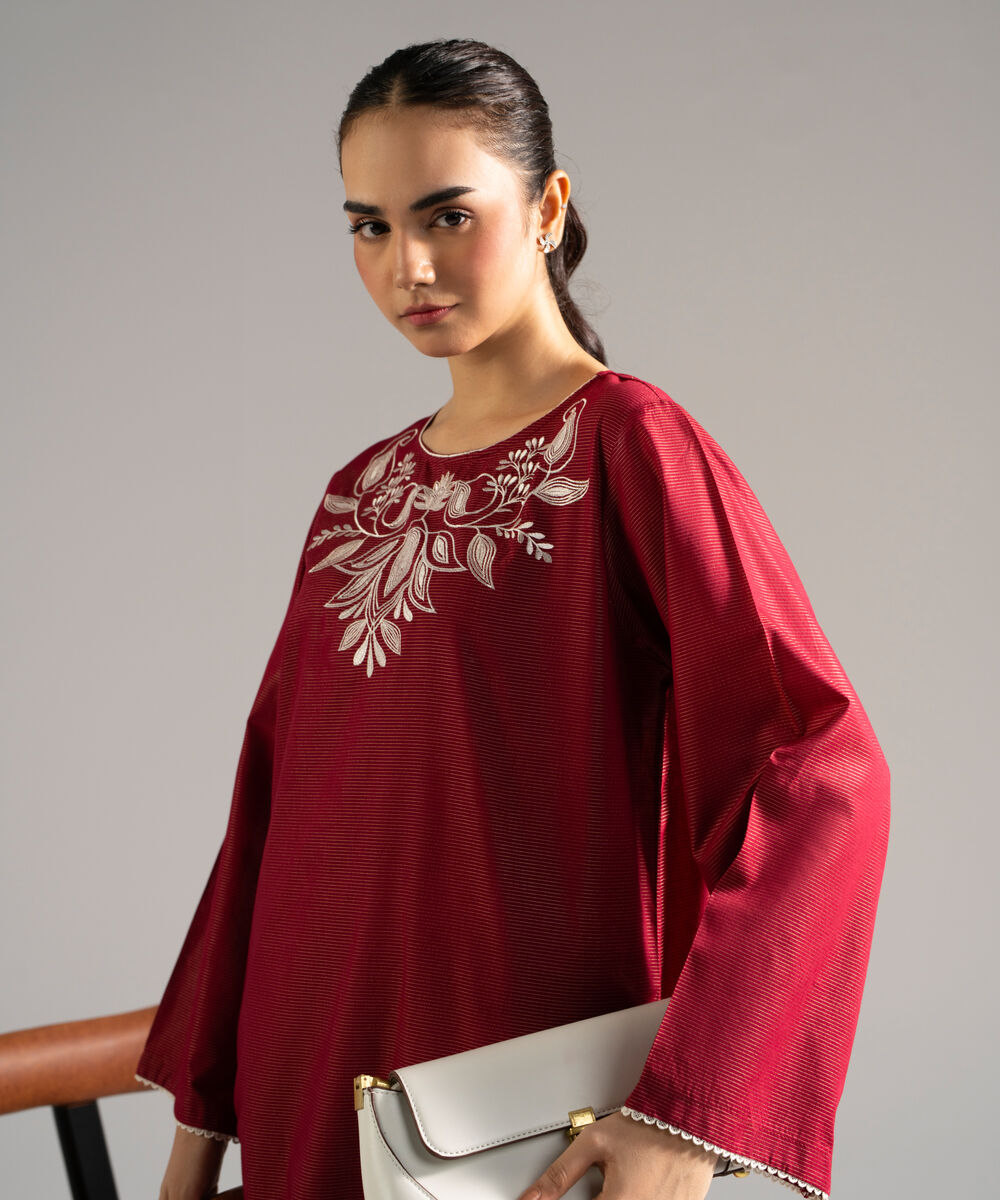 Women's RTW Zari Lawn Embroidered Red Straight Shirt