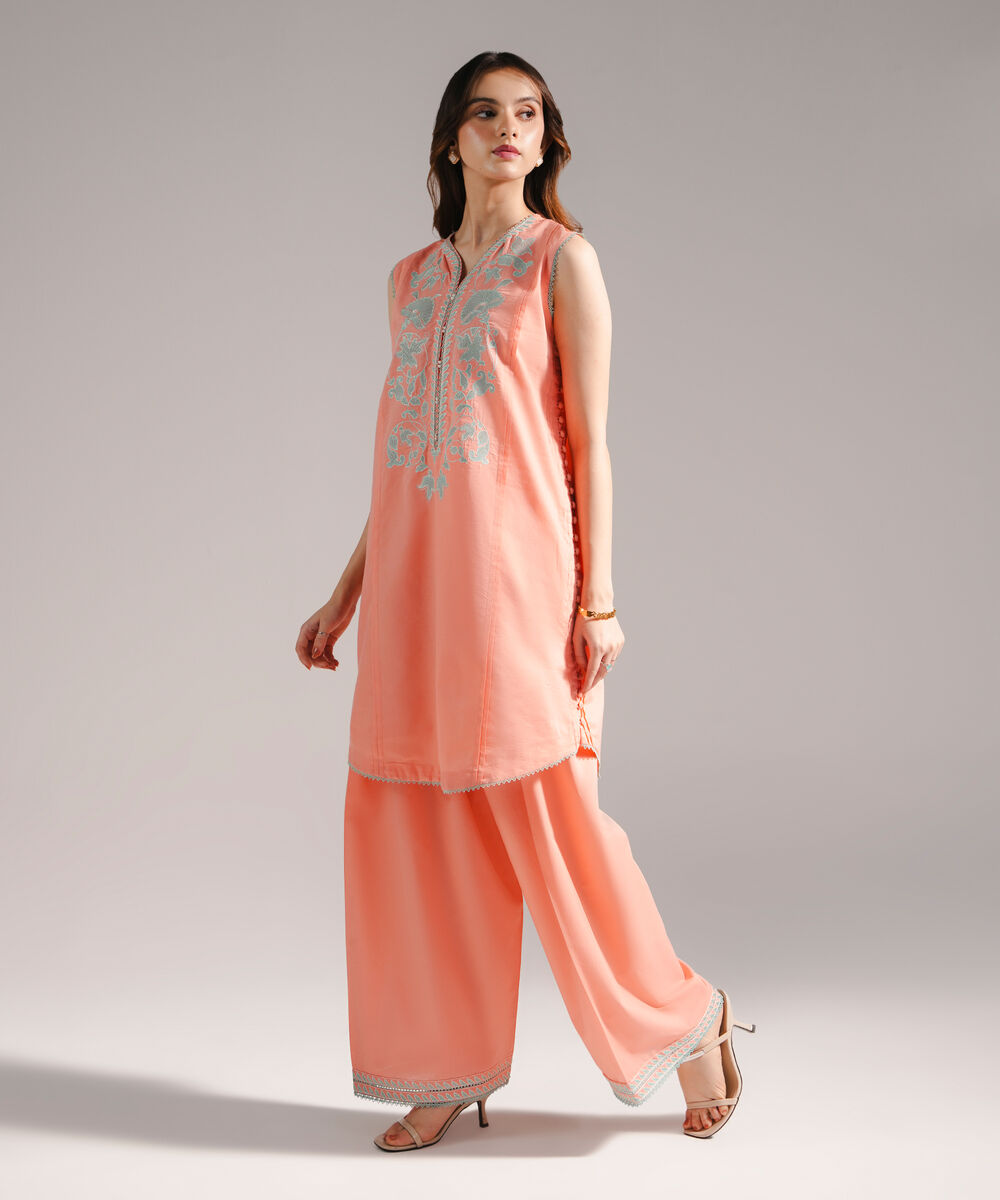 Women's RTW Zari Lawn Embroidered Straight Peach Shirt