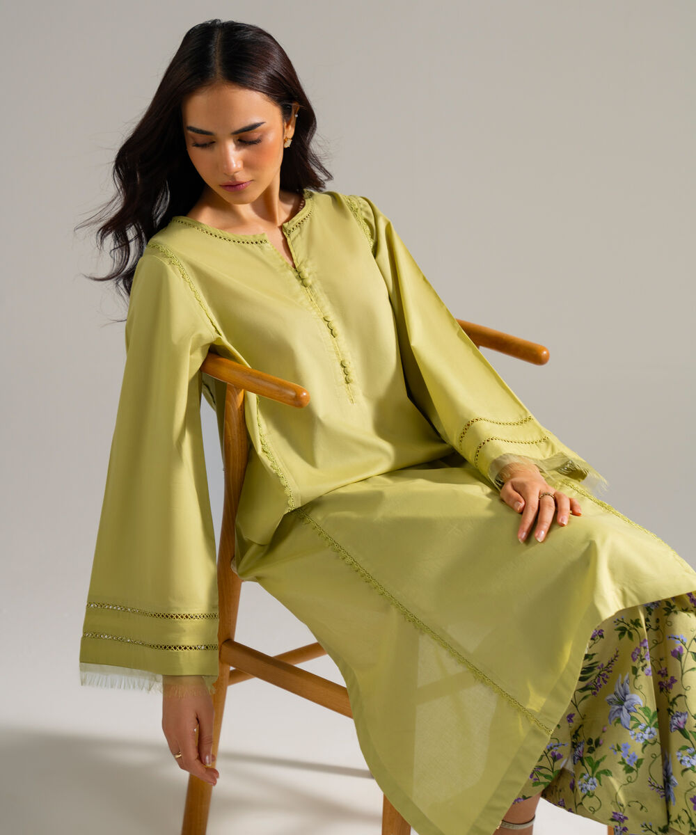 Women's RTW Cambric Solid Green A-Line Shirt