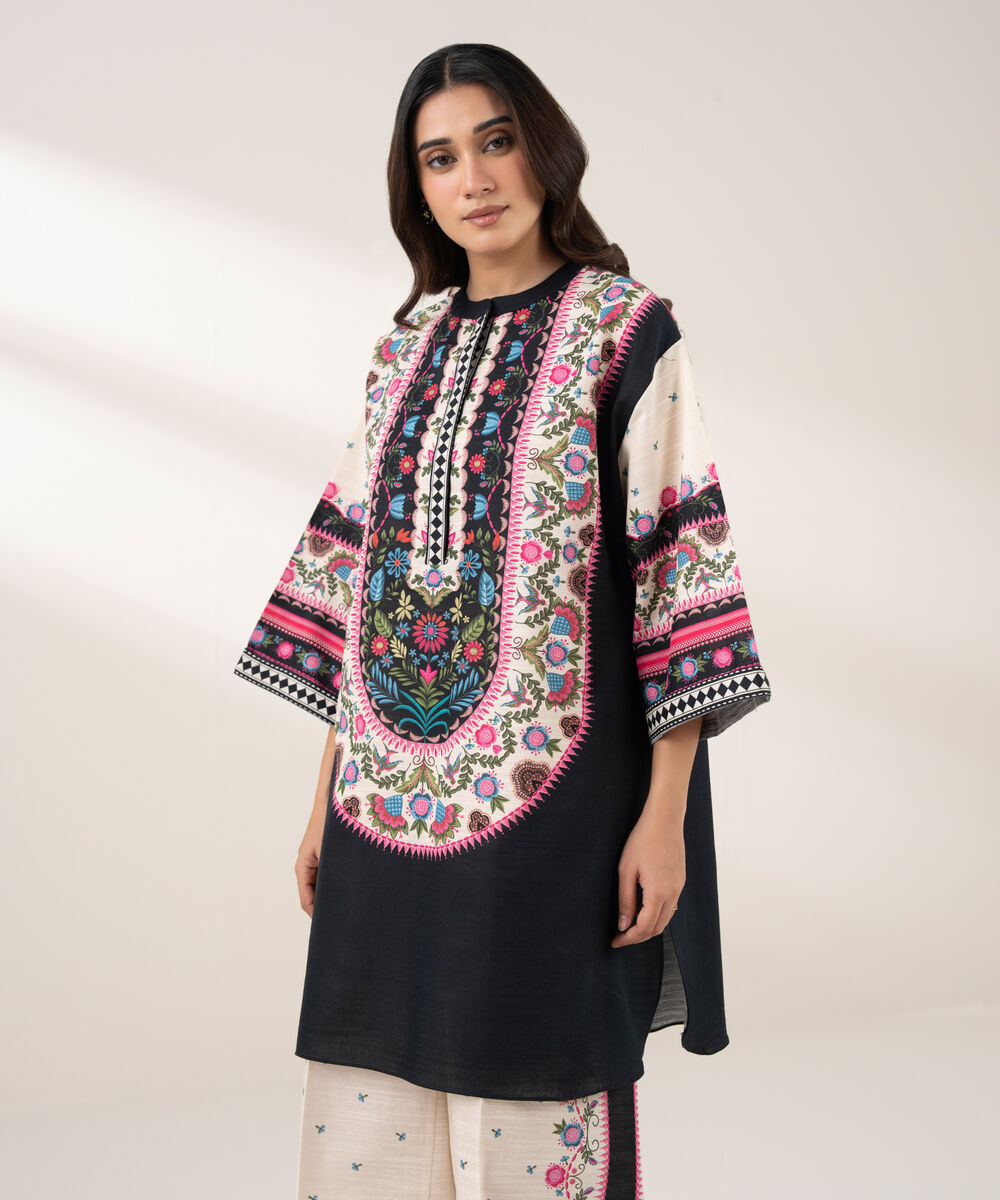 Women's RTW Light Khaddar Printed Straight Black Shirt