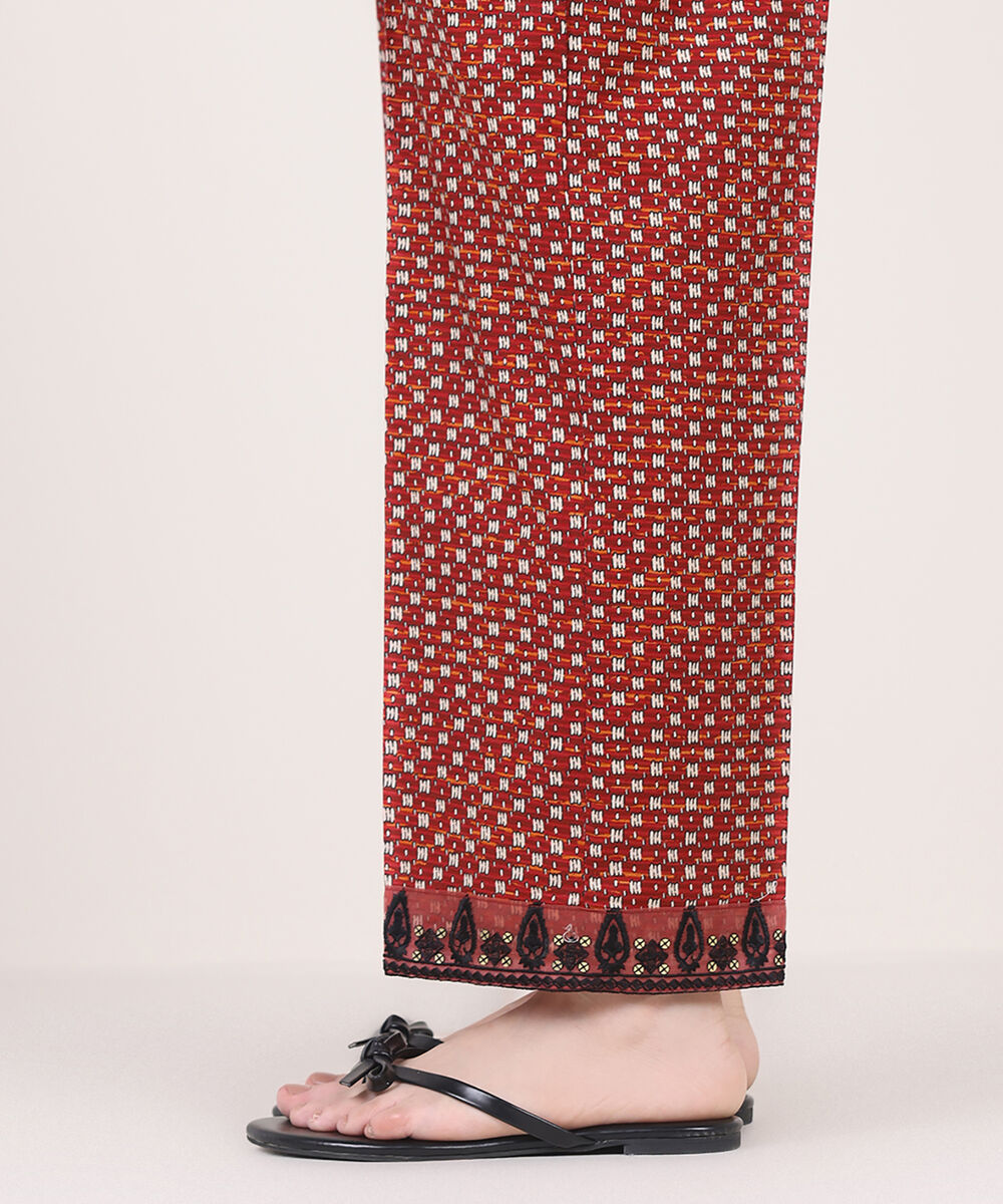 Women's RTW Cambric Red Embroidered Straight Pants