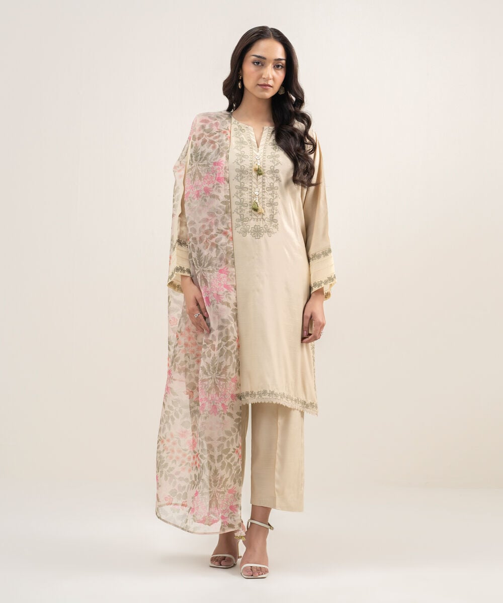 Women's RTW Viscose Raw Silk Embroidered Beige 3 Piece Suit
