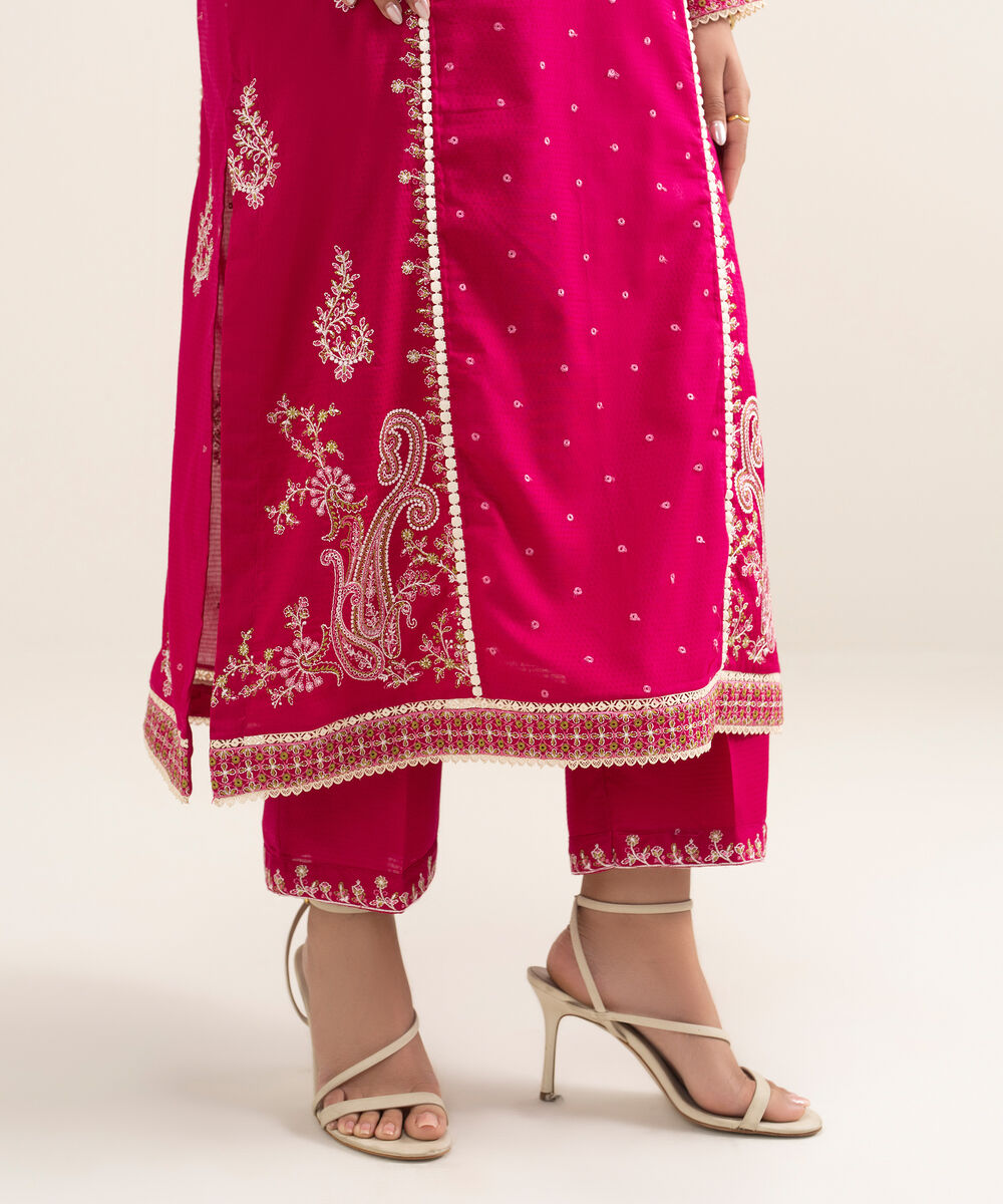 Women's RTW Dobby Embroidered Pink A-Line Shirt