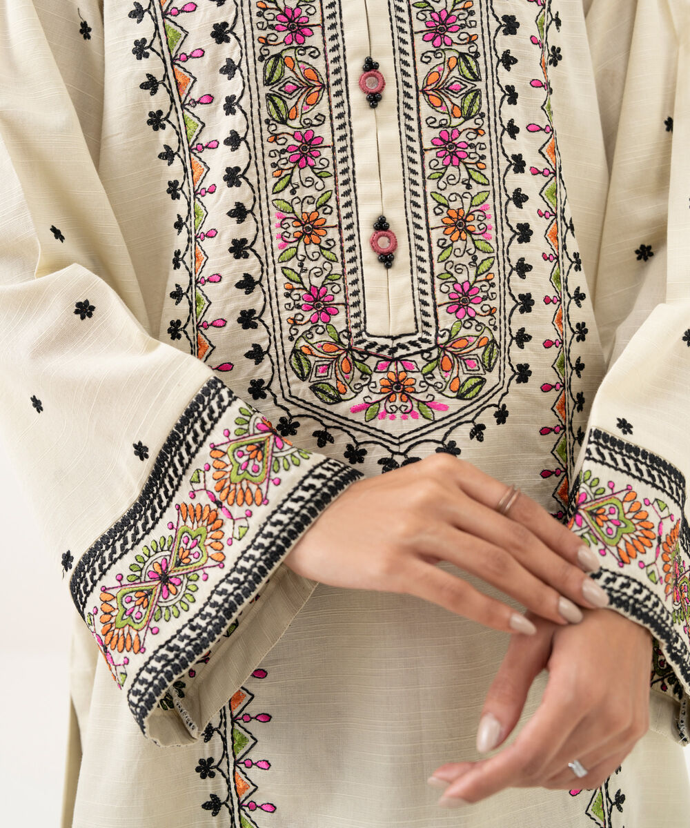 Women's RTW Cotton Embroidered A-Line Off White Shirt