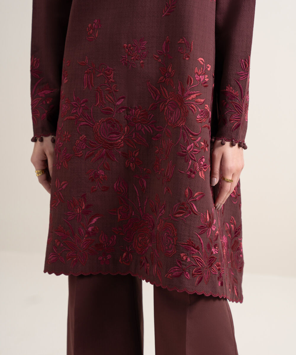 Women's Unstitched Dobby Embroidered Red 3 Piece Suit