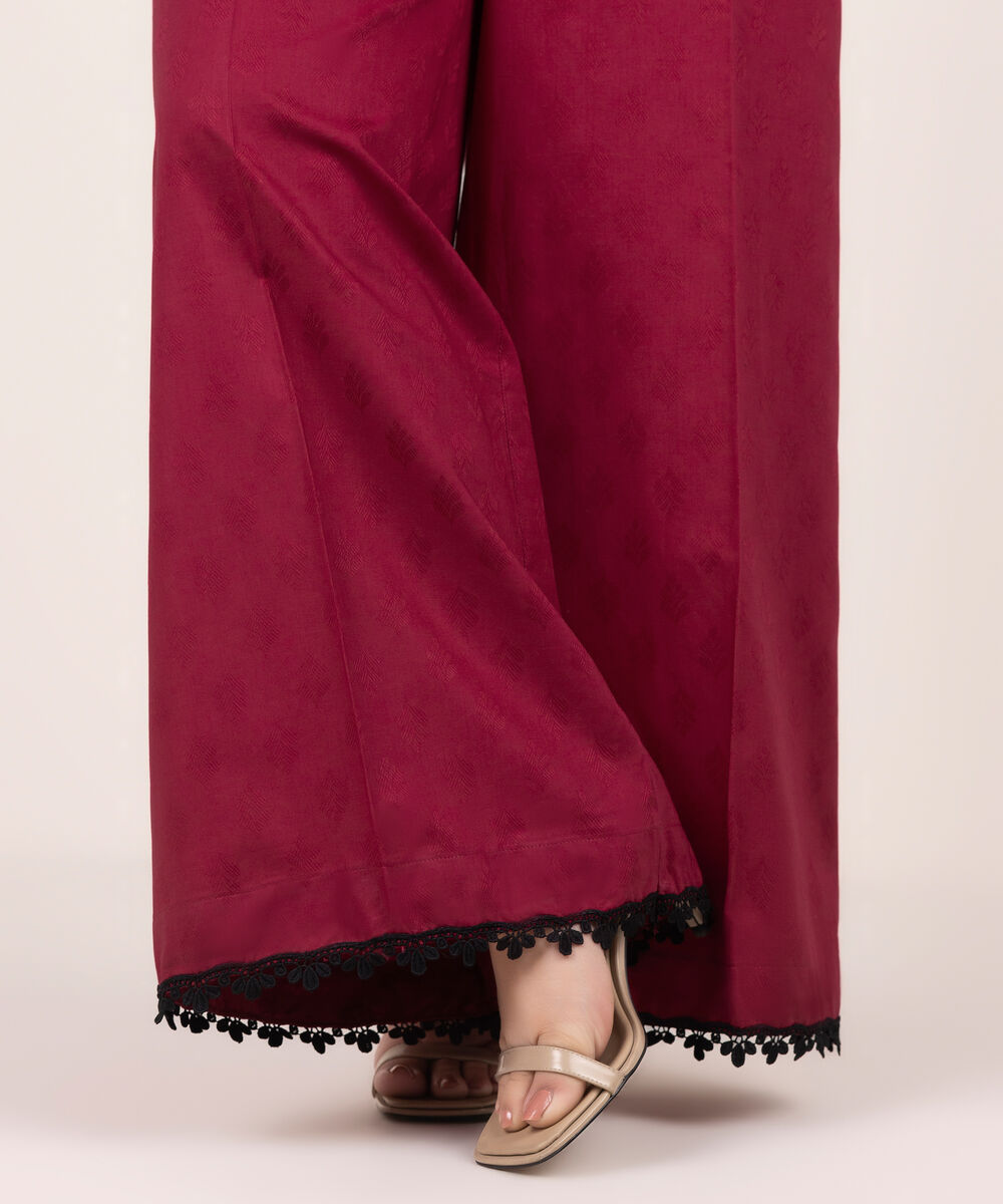 Women's RTW Self Jacquard Solid Red Flared Pants