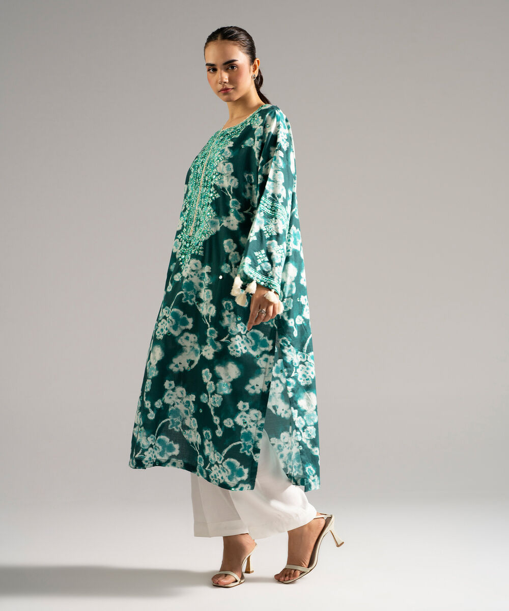 Women's RTW Dobby Embroidered Green Drop Shoulder Shirt