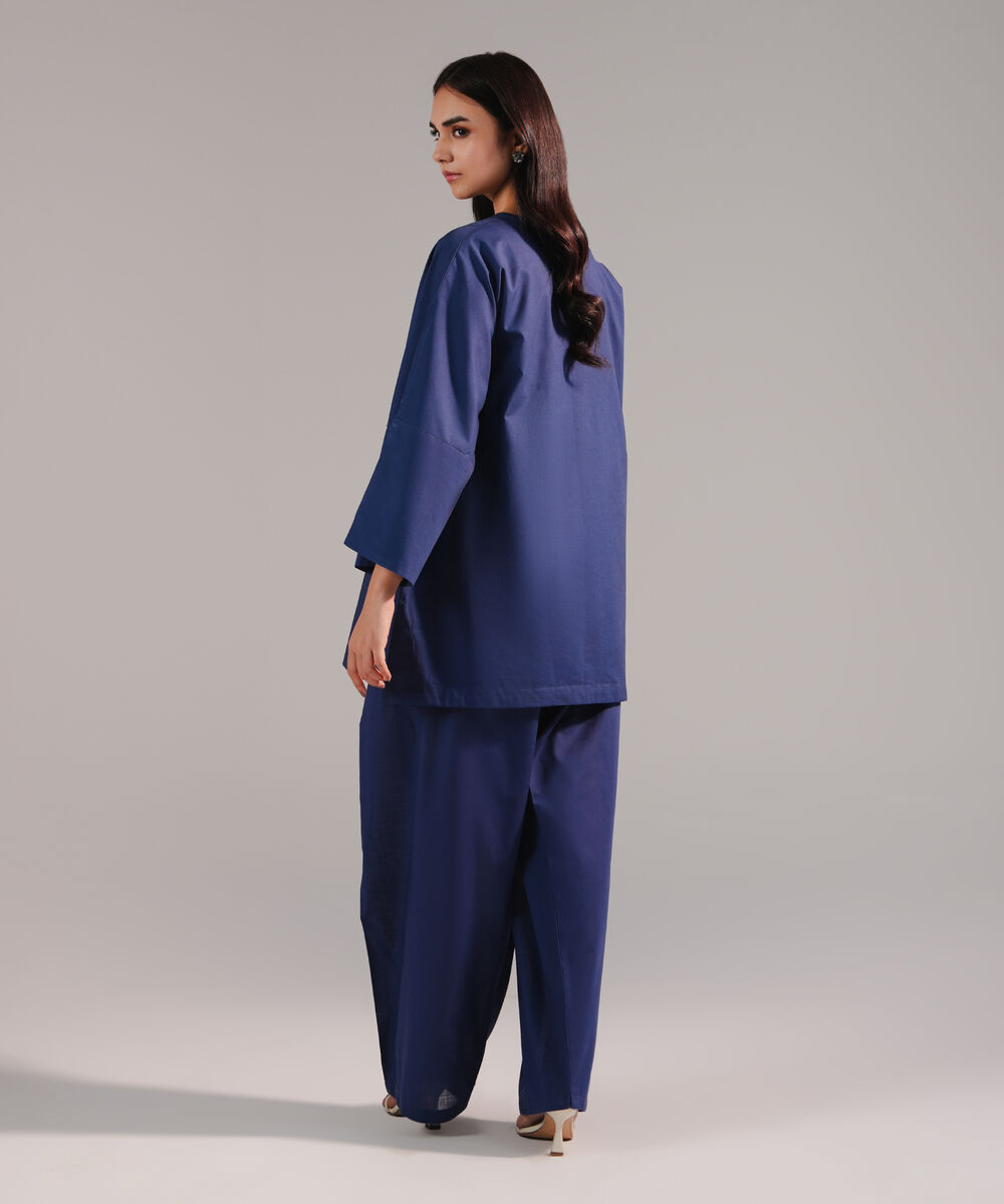 Women's RTW Crosshatch Solid Dark Blue Drop Shoulder Shirt