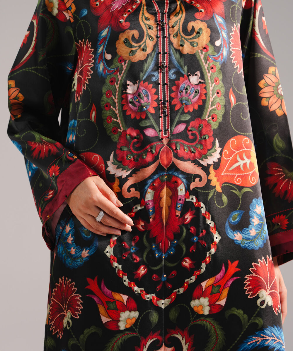 Women's RTW Blended Satin Printed Black 2 Piece Suit
