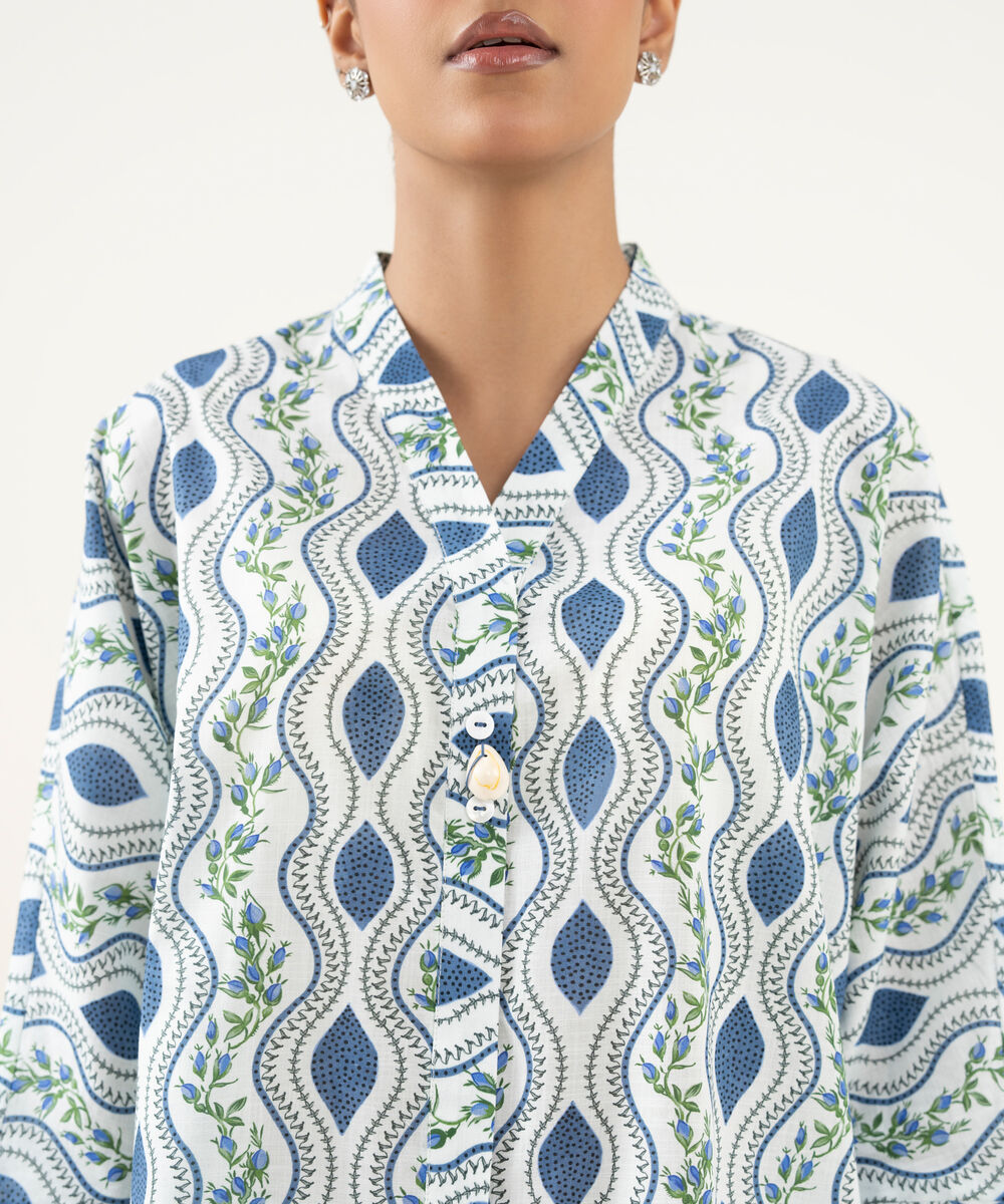 Women's RTW Crosshatch Printed Blue Drop Shoulder Shirt
