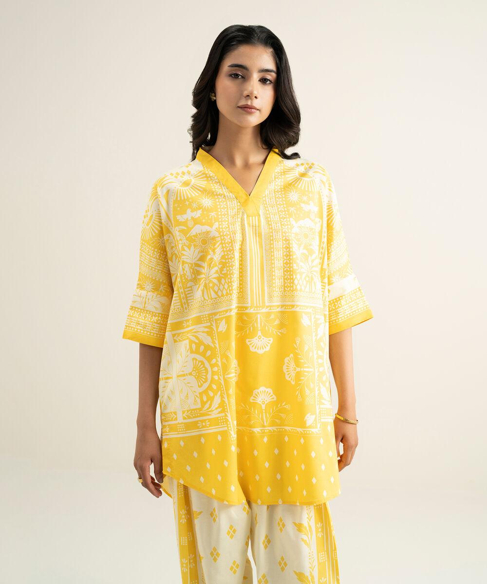 Women's RTW Cotton Viscose Printed Yellow Drop Shoulder Shirt