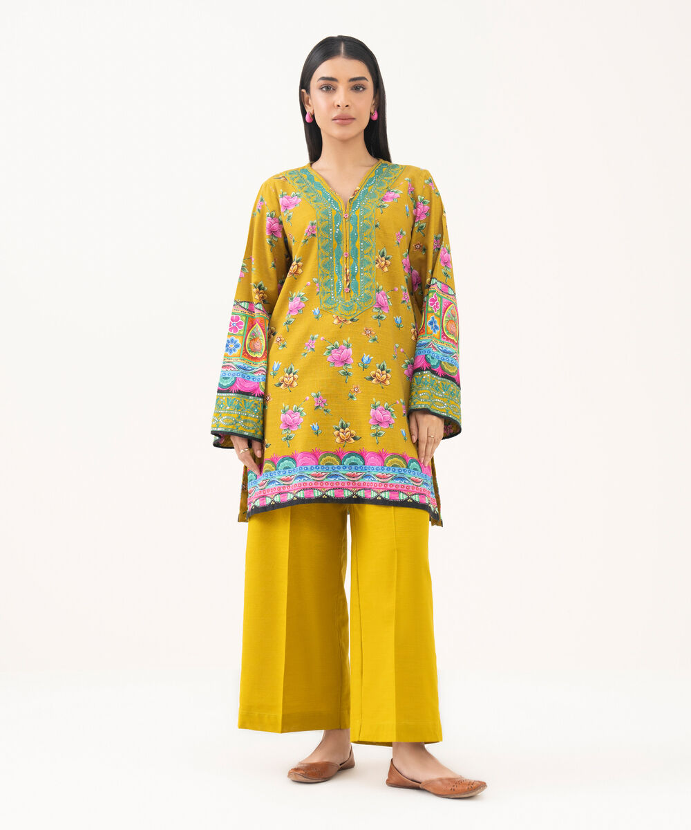 Women's RTW Light Khaddar Embroidered Mustard Straight Shirt