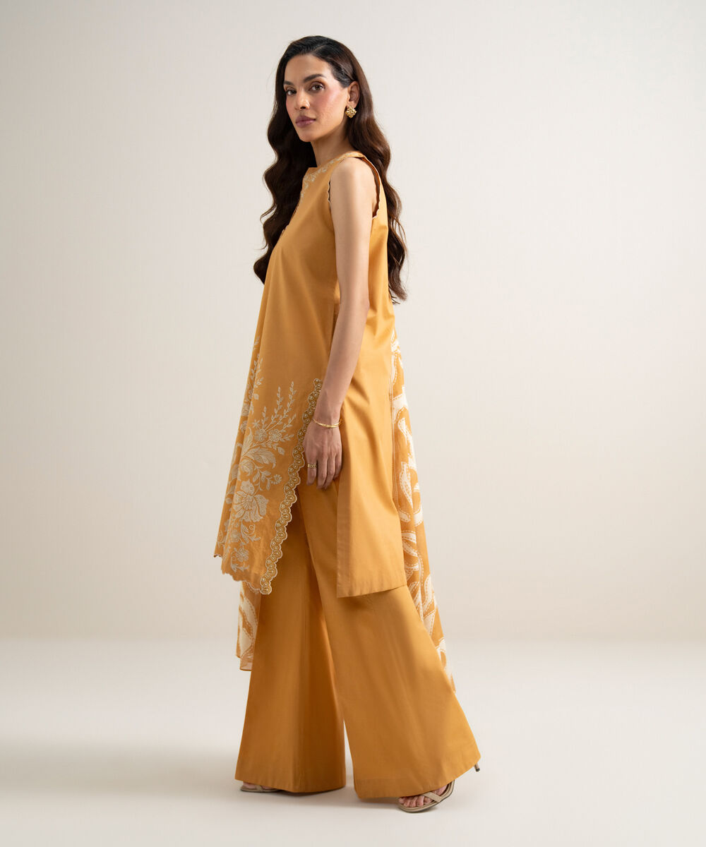 Women's Unstitched Lawn Embroidered Mustard Yellow  3 Piece Suit