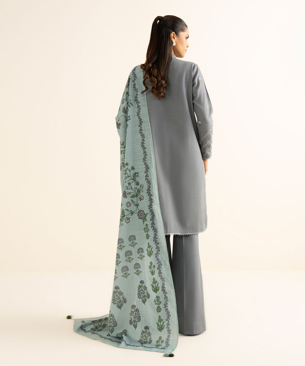 Women's Unstitched Cotton Embroidered Grey 3 Piece Suit