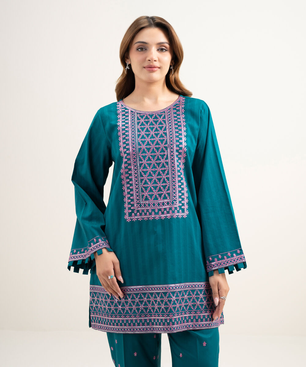 Women's RTW Dobby Embroidered Teal 2 Piece Suit