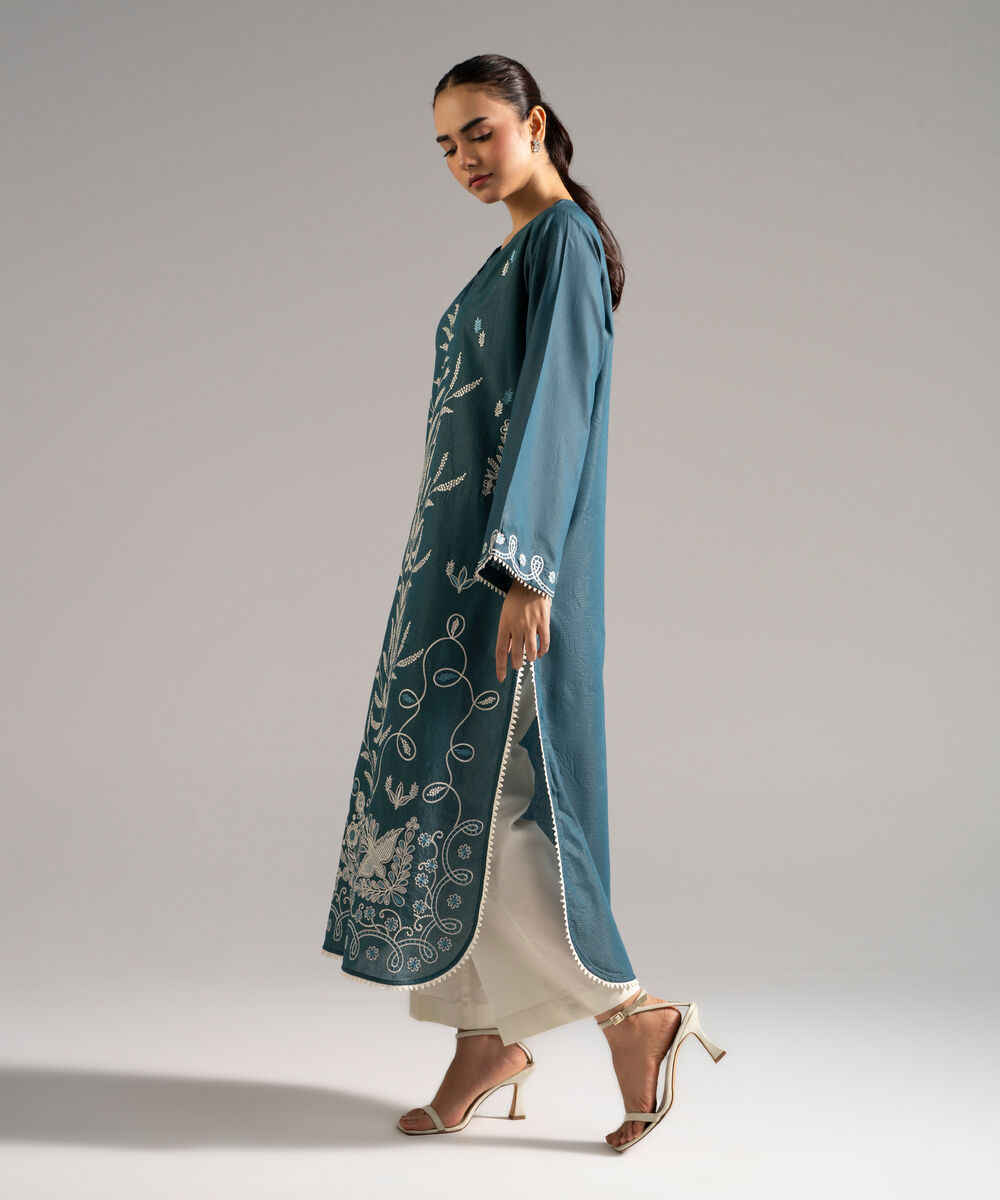 Women's RTW Zari Lawn Embroidered Green Straight Shirt