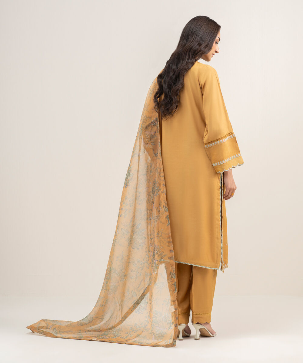 Women's RTW Viscose Raw Silk Embroidered Mustard Brown 3 Piece Suit